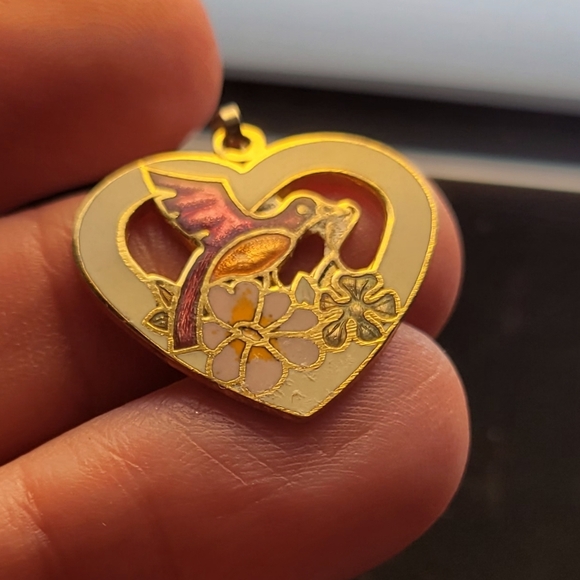 Felt's Fun Finds Jewelry - Vintage Heart Pendant with Hummingbird and Flowers